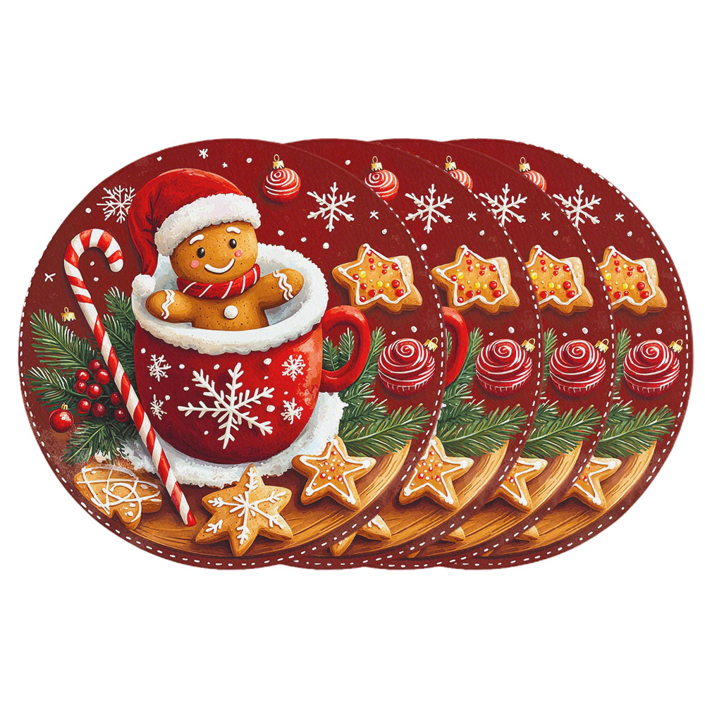 TEMU 4pcs Set Holiday Gingerbread For Man Christmas Round Placemats - Non-slip, Washable, Heat-resistant, Suitable For Holiday Dinners, Banquets, And