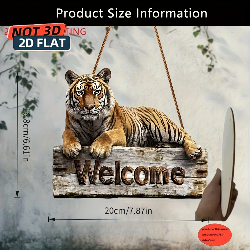 TEMU 2d Flat, 2d Flat Printed Wooden Tiger Welcome Sign - Farmhouse Style Decor, Indoor/outdoor Hanging Ornament, Suitable For Porch, Garden