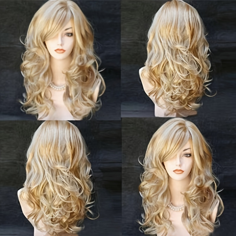 E-shop Elegante lange blonde lockige Damenperücke mit seitlicher Pony. Hitzebeständige synthetische Faser, geeignet für jeden Anlass, tägliches