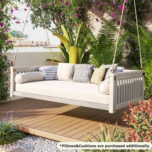 twin size patio swing bed outdoor hanging chair with sloped design for weather resistant lightweight durable construction ropes armrests white for garden porch backyard relaxation outdoor furniture porch lounging able recliner