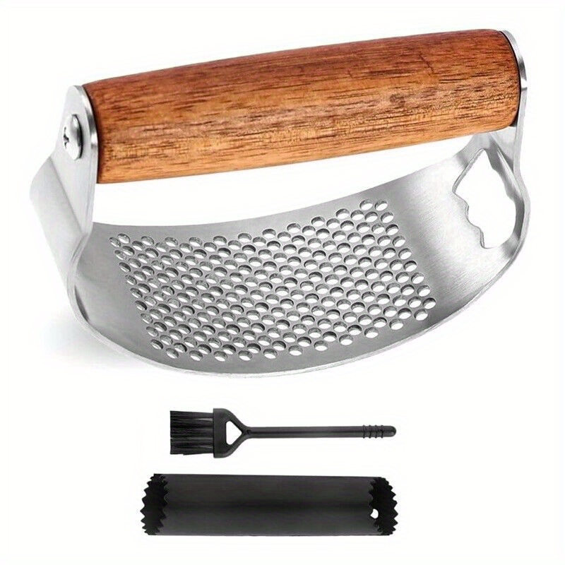 TEMU 3pcs/ Set Garlic Press, Stainless Steel Garlic Press, Garlic Peeling Drum, Brush, Handle Garlic Mincer, Washable Garlic Crusher, Kitchen Garlic