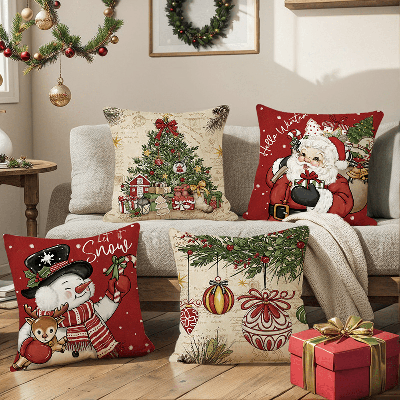 

18x18" Christmas Throw Pillow Cover - Snowman & Ornaments Design, Farmhouse , Zip Closure, Polyester - Ideal For Sofa, Living Room, Patio Decor (pillow Not Included)