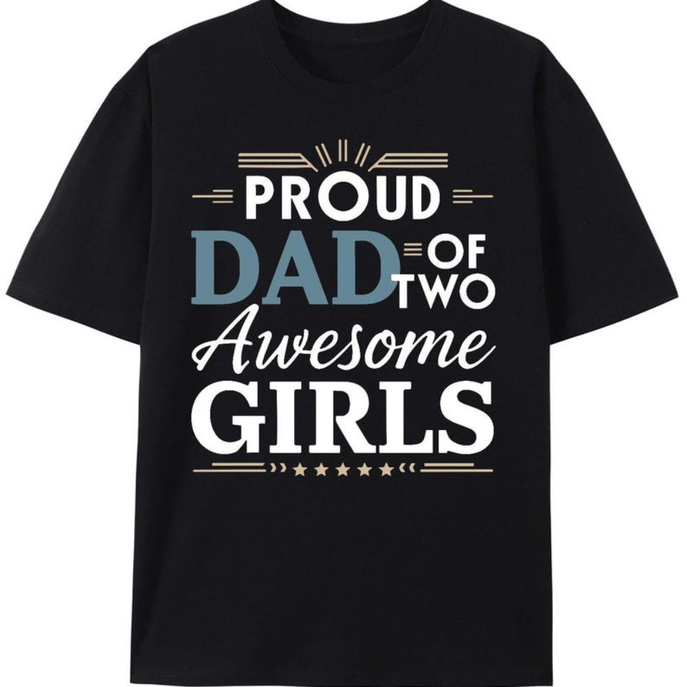 

1pc Dad Of 2 Awesome Girls Cotton T-shirt - Crew Neck, Short Sleeve, Knit Fabric With Applique Detail - Casual Outdoor Tee For Hiking & Sports, Wear, Regular Fit - Unique Father's Day Gift Idea