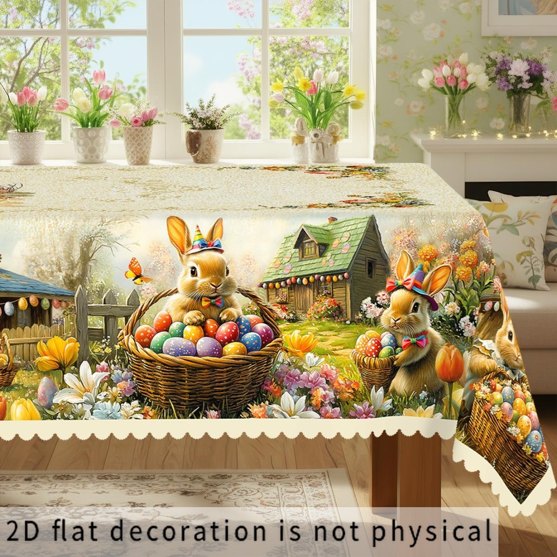TEMU 2d Flat Tablecloth, 1pc, Easter-themed Party Tablecloth, Spring-summer Rabbit, , Colorful Eggs, Floral, Rustic Style Printed Design Tablecloth,