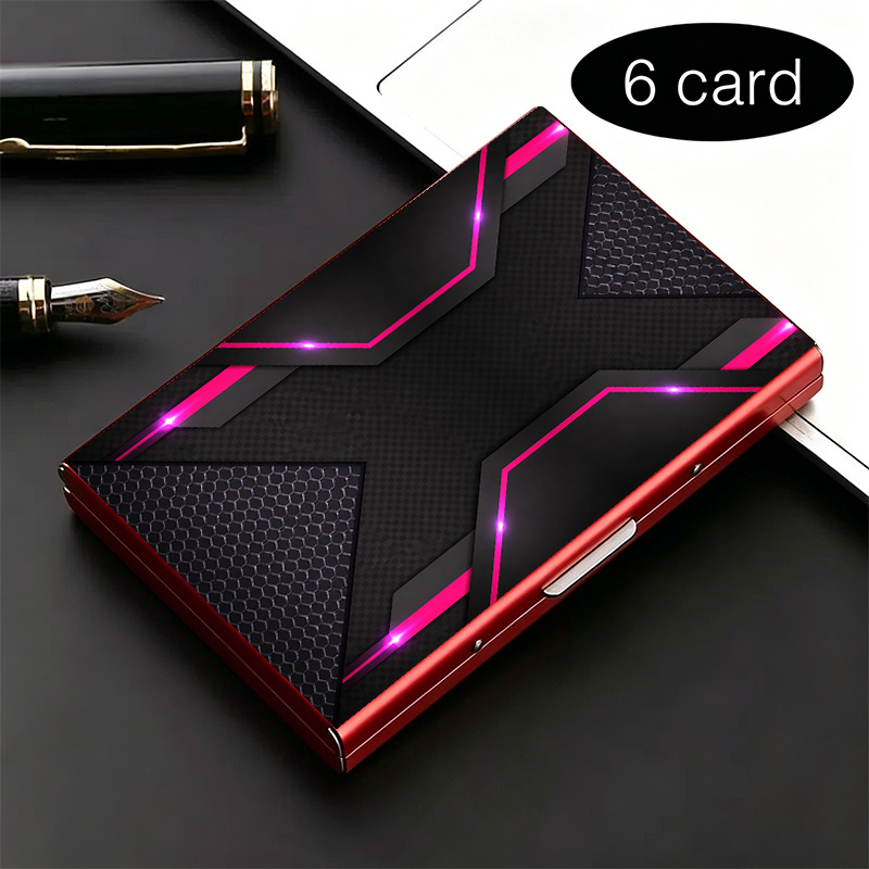 TEMU 1pc Stainless Steel Rfid Anti Theft Card Holder 2d Printed Futuristic Neon Texture Stylish Black Metal Wallet With Multi Compartment Design