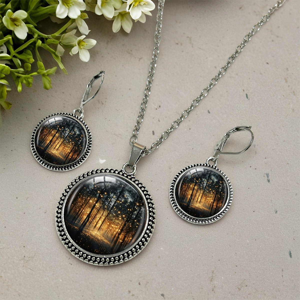 3pcs Starlight Firefly Forest Nightscape Printed Necklace & Earring Set