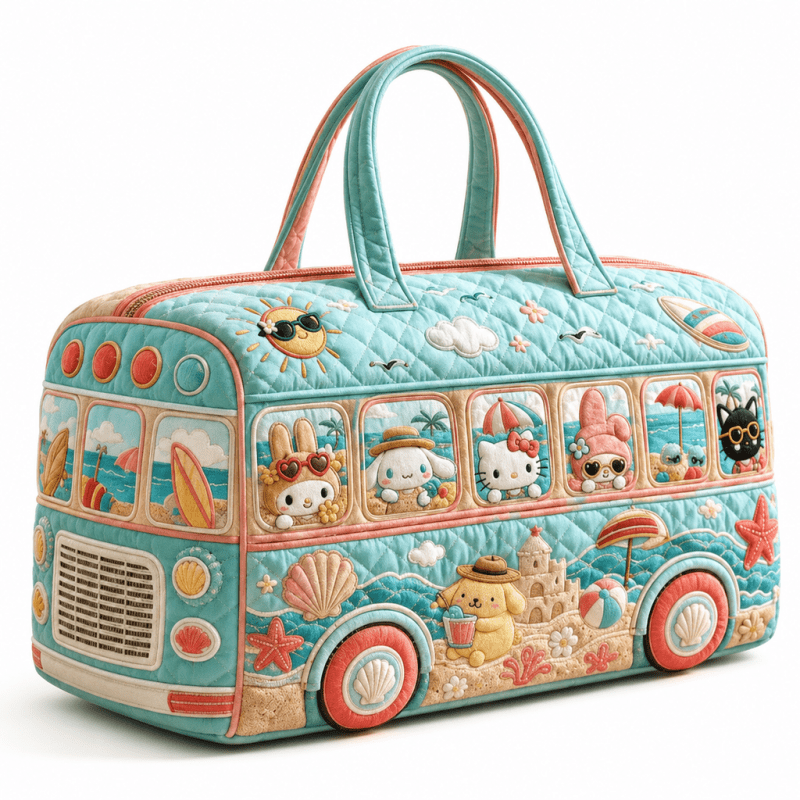 TEMU Quilted Bus-shaped Tote Bag, Cute Cartoon Printed Boston Handbag For Summer And Seaside, Large-capacity Overnight Weekend Bag, Ideal For Women