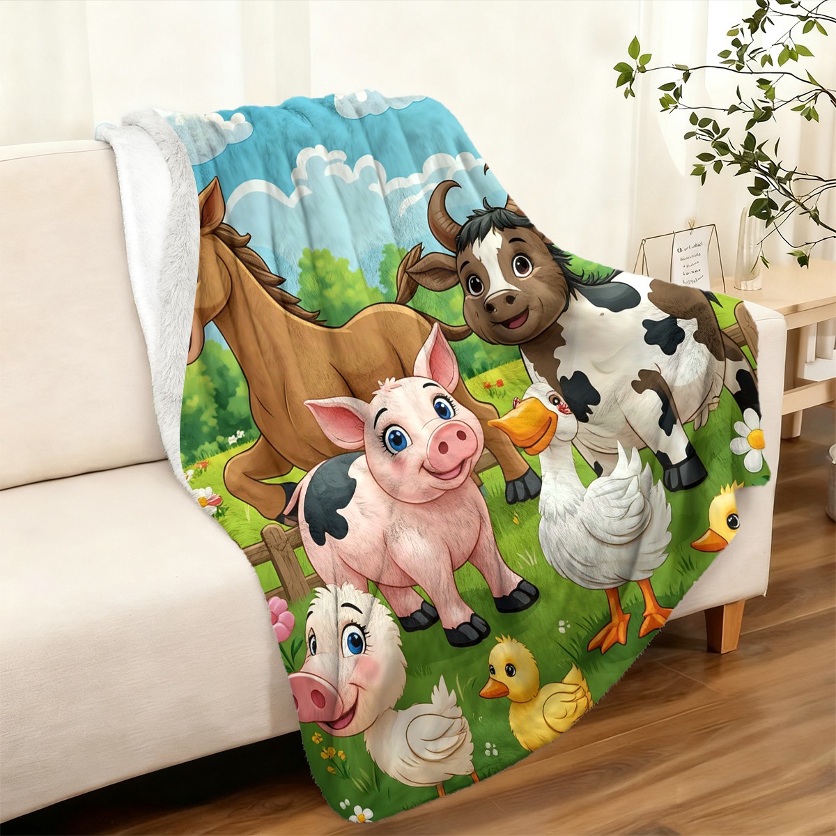 Happy Farm Animals Gathering Pattern Flannel Blanket