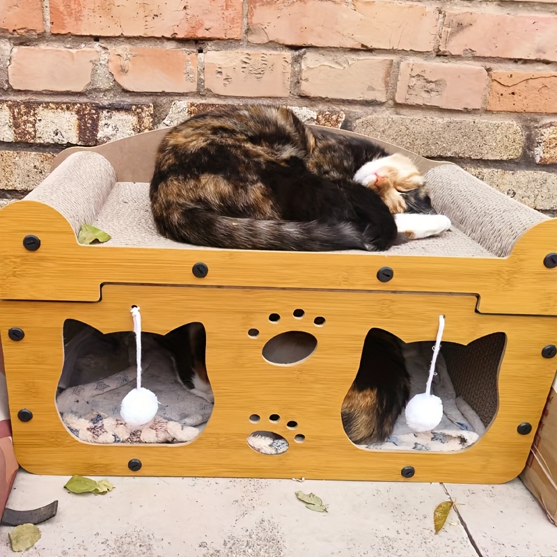 Double Layer Cardboard Cat House - Cat Scratcher & Bed 2-in-1, With Scratching Board & Hanging Toy, 17x11x21 Inches