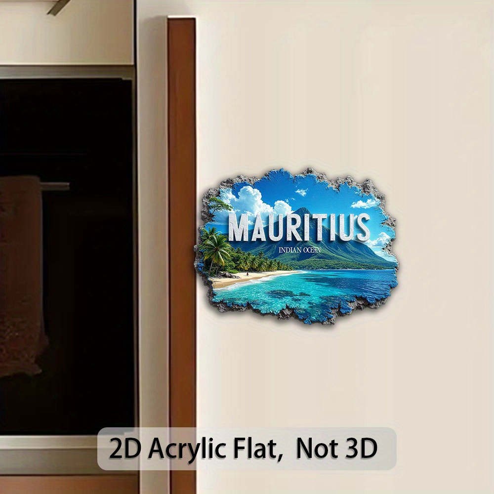 TEMU 1pc Vintage Mauritius Island Magnetic Fridge Magnet - Tropical Mauritius Tree & Ocean Acrylic Round Decoration Suitable /office/party, Durable