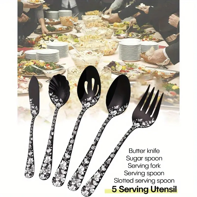 serving utensils set black 5pcs large hostess set stainless steel flatware serving set ideal for buffet catering party polished dishwasher safe Product details 1