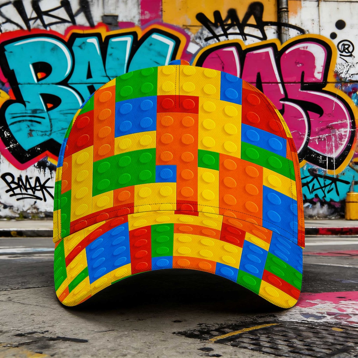TEMU 1pc With Colorful Building Blocks Print Adjustable Snapback Headwear Versatile Snap Fastening With Vibrant Design Outdoor Accessory Spring