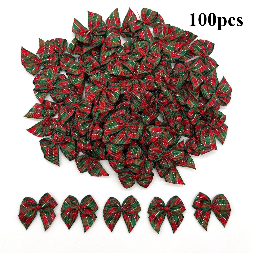 TEMU 100pcs/pack Christmas Red Green Golden Checkered With Pure Handmade Needle Sewing Bows