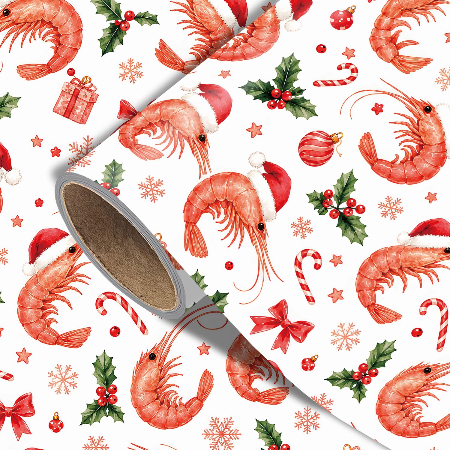 TEMU de Noël Amusant à Motif Crevettes avec Bonnet de Père Noël, de Houx, en Sucre, Nœuds, Cadeaux, Ornements et de Neige, Papier d'Emballage pour
