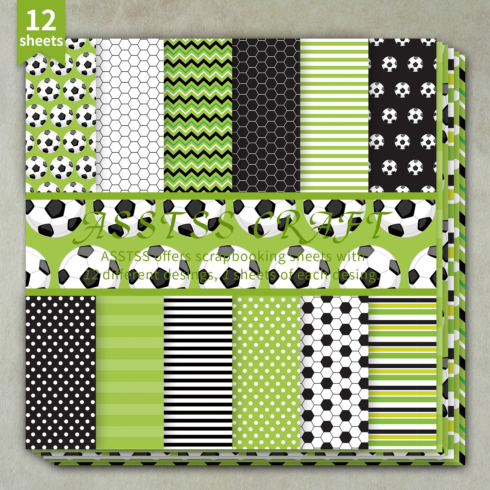TEMU Lot de 12 feuilles de papier scrapbooking ASSTSS de pouces, papier de base sur le thème du soccer, papier de style sportif, carton épais pour