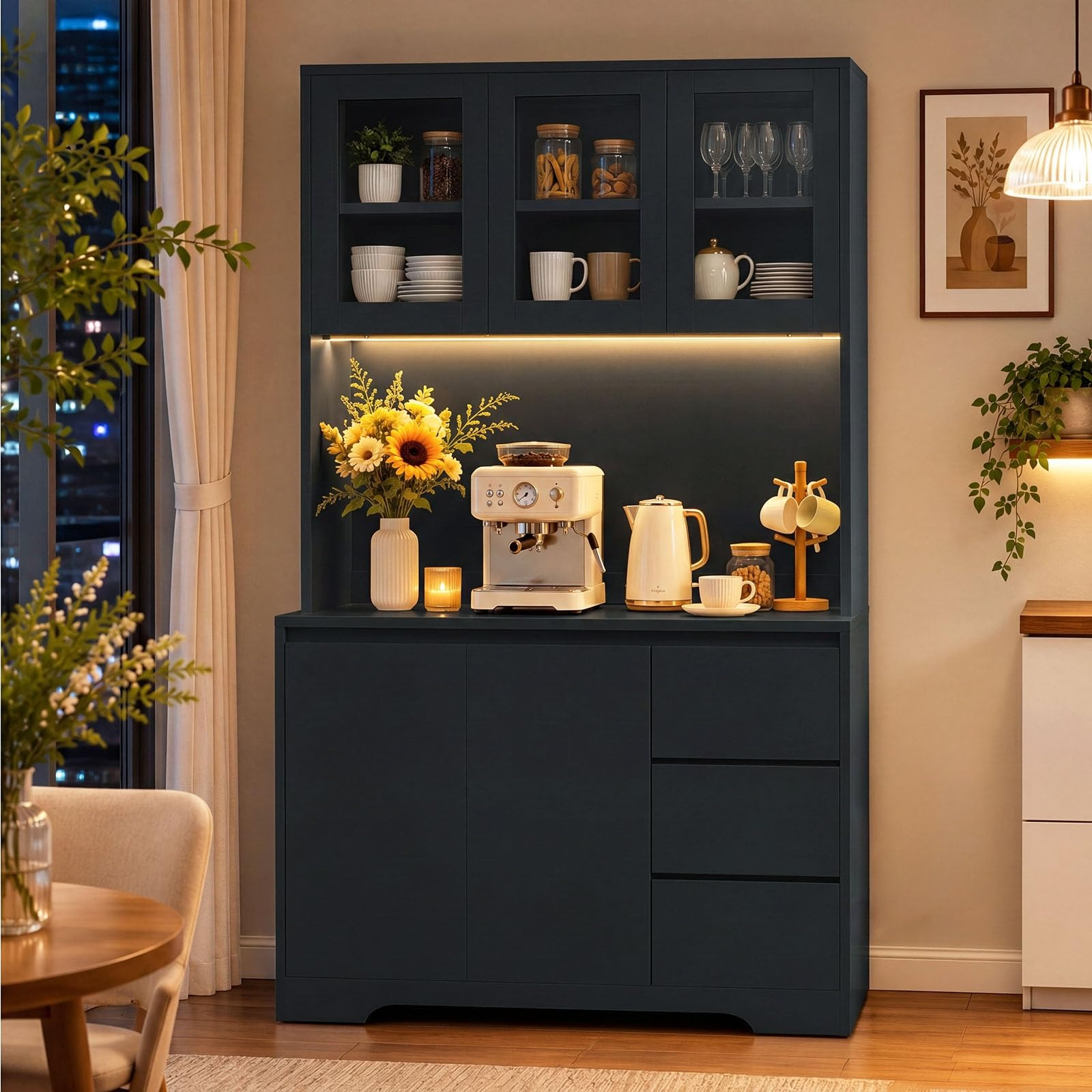 100x40x180cm Kitchen Cabinet, Adjustable Shelves, 3 Drawers, 5 Doors, Large Countertop, White