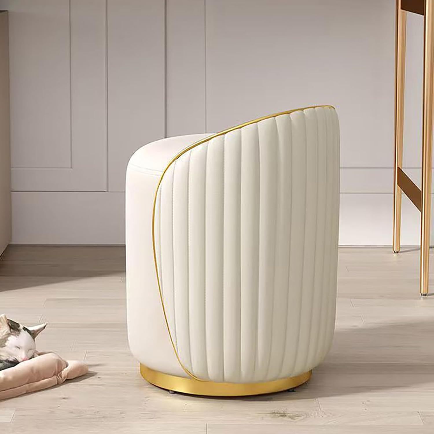 Round Makeup Stool, 360° Rotatable Dressing Table Stool with Leather Cover Wooden Frame, Footstool, Padded Stool, Suitable for Living Room, Bedroom (Beige/Gray/Orange)