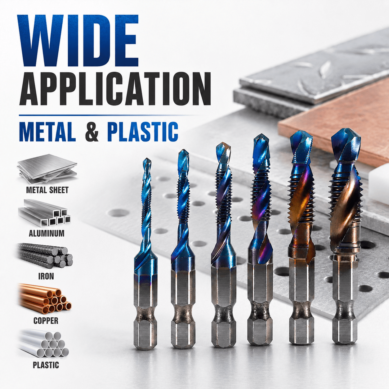 TEMU 6pcs Coated Hex Shank High Speed Metric M3 M4 M5 M6 M8 M10 Tap Drill Bit Set For Hand Tool Metal Diy Hardware Accessory