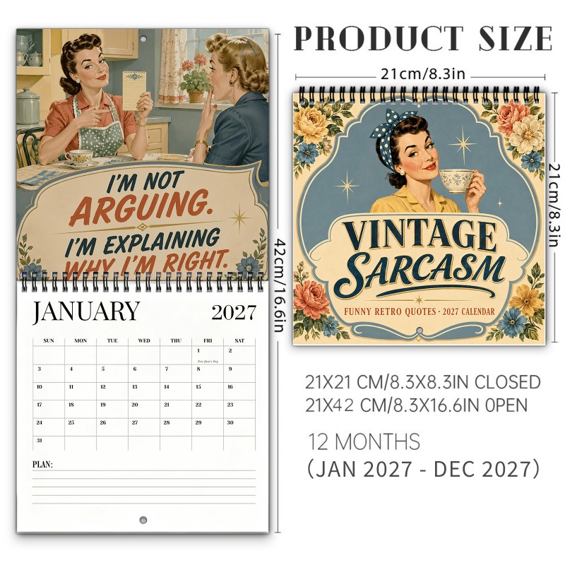 TEMU 2027 Fun Retro Sarcastic Calendar - Spiral Bound Nostalgic Humorous Calendar Book, Featuring Women' Jokes, Thick Paper Suitable For Home And