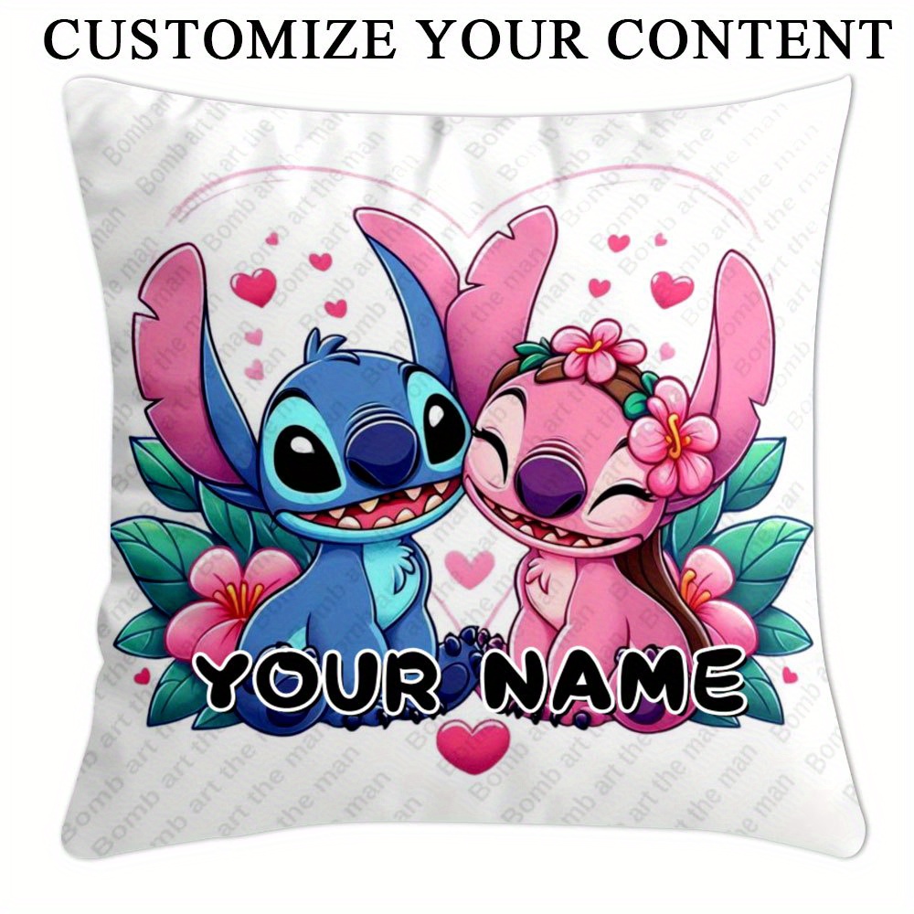 

1pc Taie d'Oreiller Stitch de la Saint-Valentin Disney - Personnalisable avec Votre Nom, Design Floral & Cœur Vibrant, 100% Polyester, Fermeture Éclair, pour la Décoration Intérieure & Extérieure