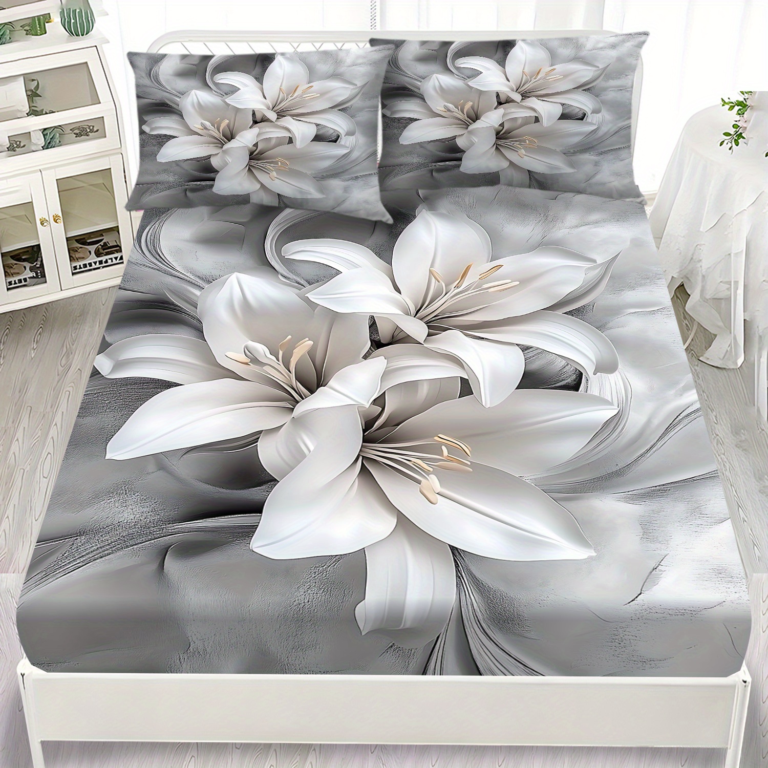 TEMU Latacaca 2/3pcs Monochrome Lily Comfortable Fitted Sheet Collection, Featuring 1 Fitted Sheet And 2 Pillowcases, Stylish Nature-themed Bedding,
