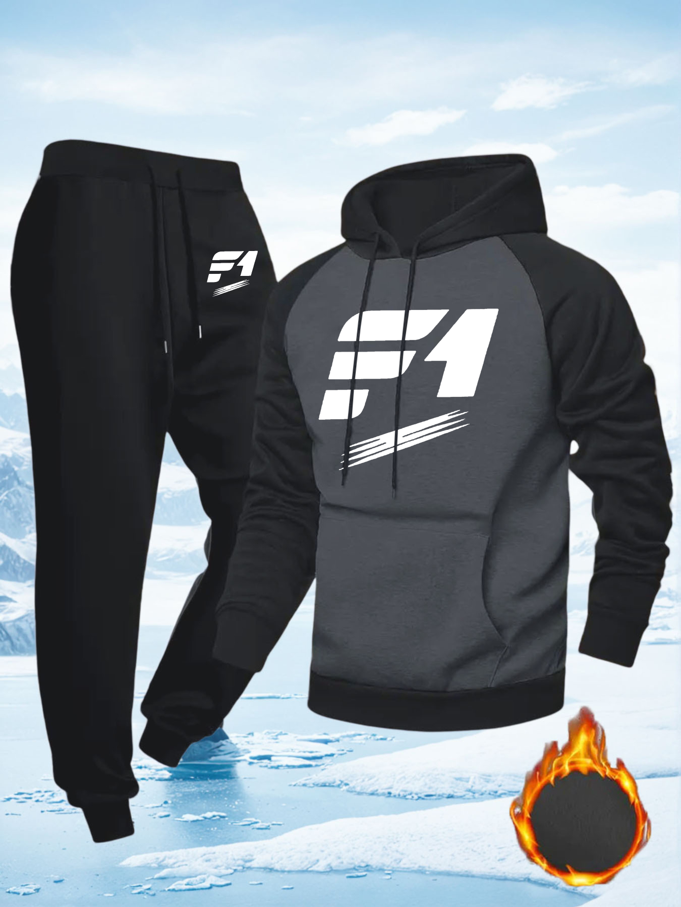 2pcs Men'S F1 Logo Hoodie and Belted Pants Set | Casual Sport Style with Dynamic Lines and Bold Fonts, Regular Fit for Autumn and Winter, Long Sleeve, Hooded, Slight Stretch Fabric, Geometric Pattern, Hot Stamping Detail