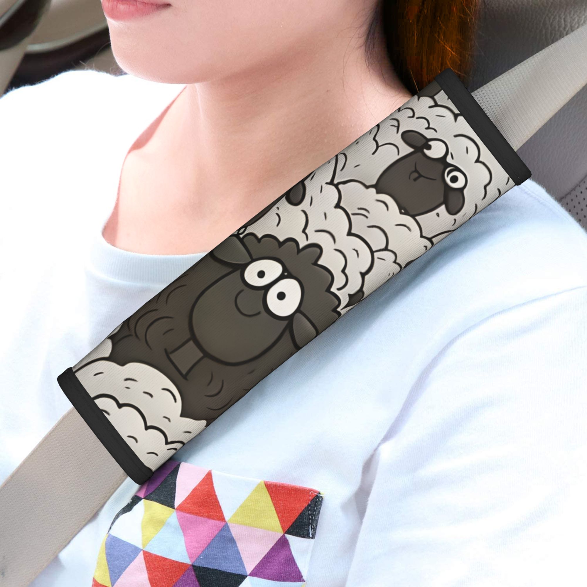 TEMU 1pc Cute Black Sheep Print Car Seat Belt Cover, Fits Adult Seat Belt Pads, Scratch Wear Resistant Car Interior Accessory, Perfect Gift For Men,