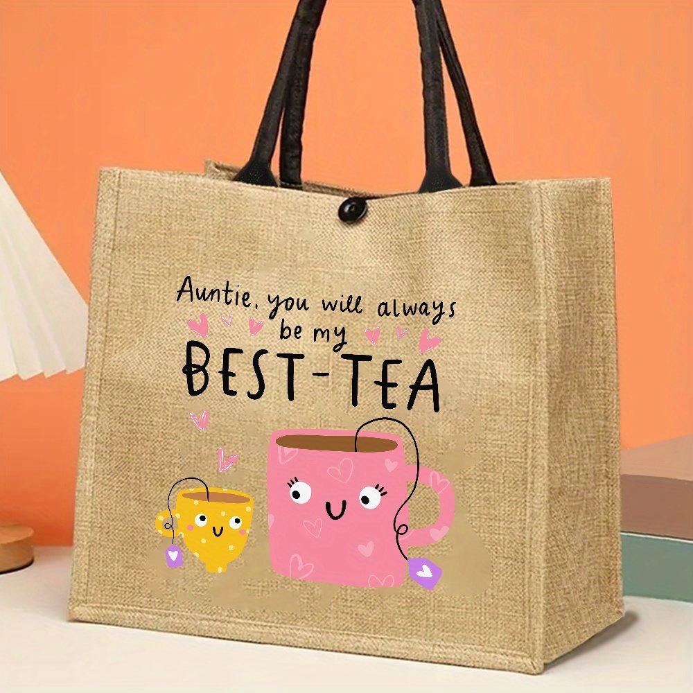 

Chic Auntie Teacup Print Tote Bag - Spacious & Jute Handbag For Everyday, , Parties & Shopping