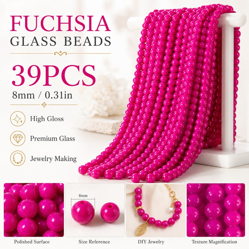 TEMU 39pcs, 8mm, Rich Fuchsia Solid Color High-gloss Smooth Round Beads. Dopamine Hot, A Bright And Flattering Large Round Bead. Diy Handmade Beaded