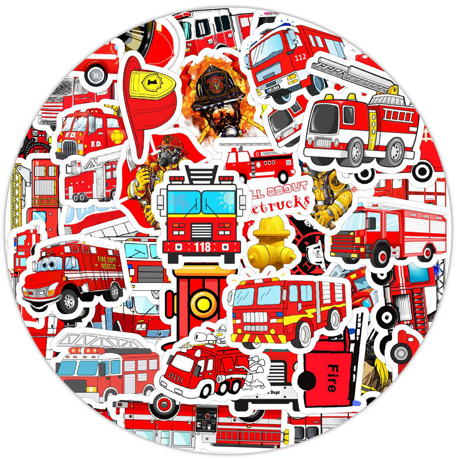 50-pack Fire Truck Stickers | Self-adhesive, , Animated Theme, Mixed Colors, For Office Decor, Envelope Sealing, Party Decorations