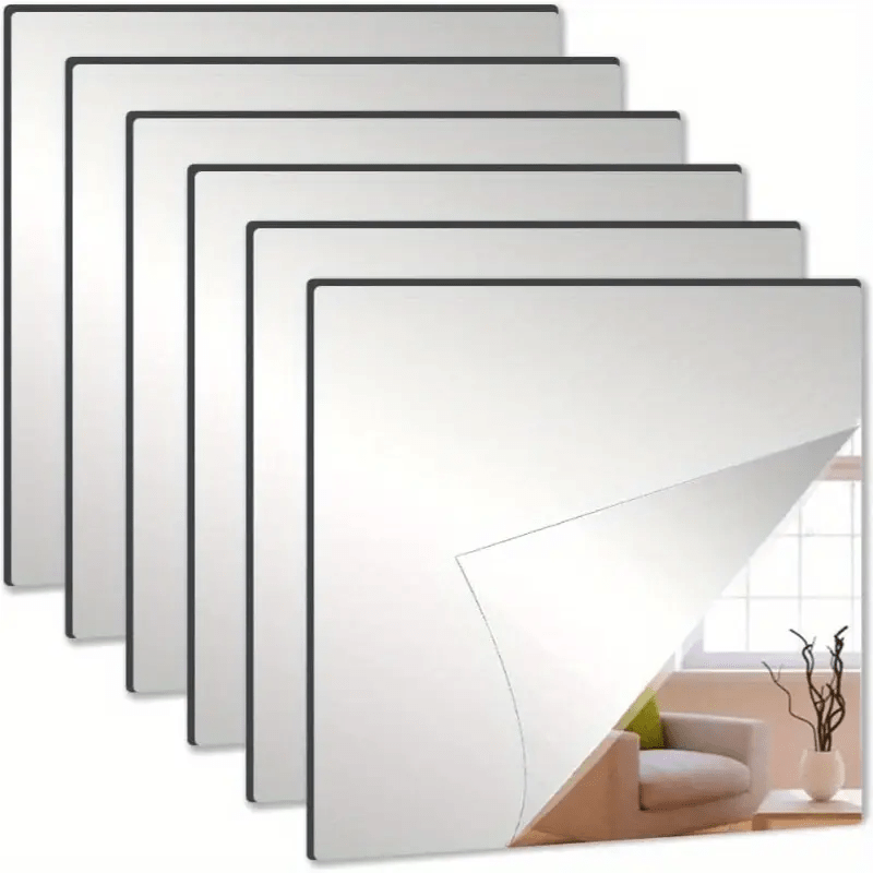 TEMU 6pcs, 30x30cm, Adhesive Acrylic Mirrors, Flexible Plastic Mirror Sheets For Wall Stickers, 1mm Thick Mirror, Frameless Small Mirrors, Home Wall