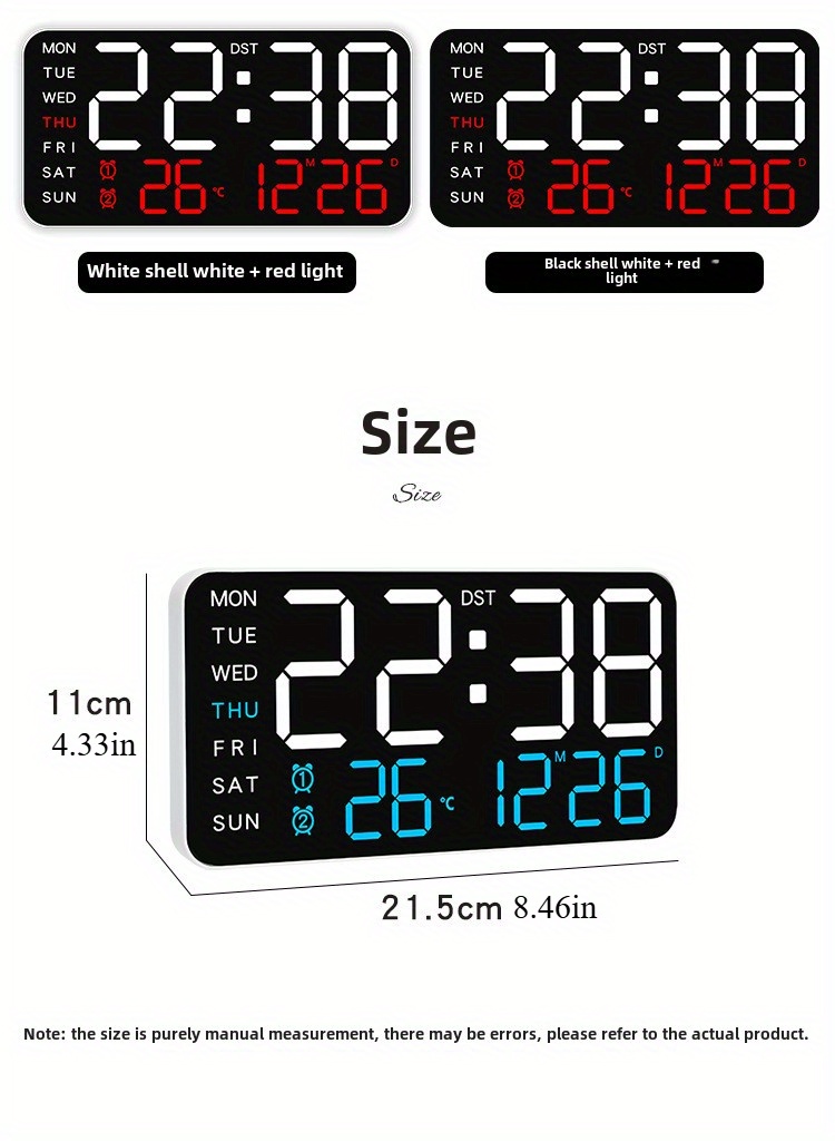LED digital wall clock with temperature display, date and working day - dual alarm clock, 12/24-hour format, perpetual calendar, rectangular, battery powered (AAA) - perfect for bedroom decoration
