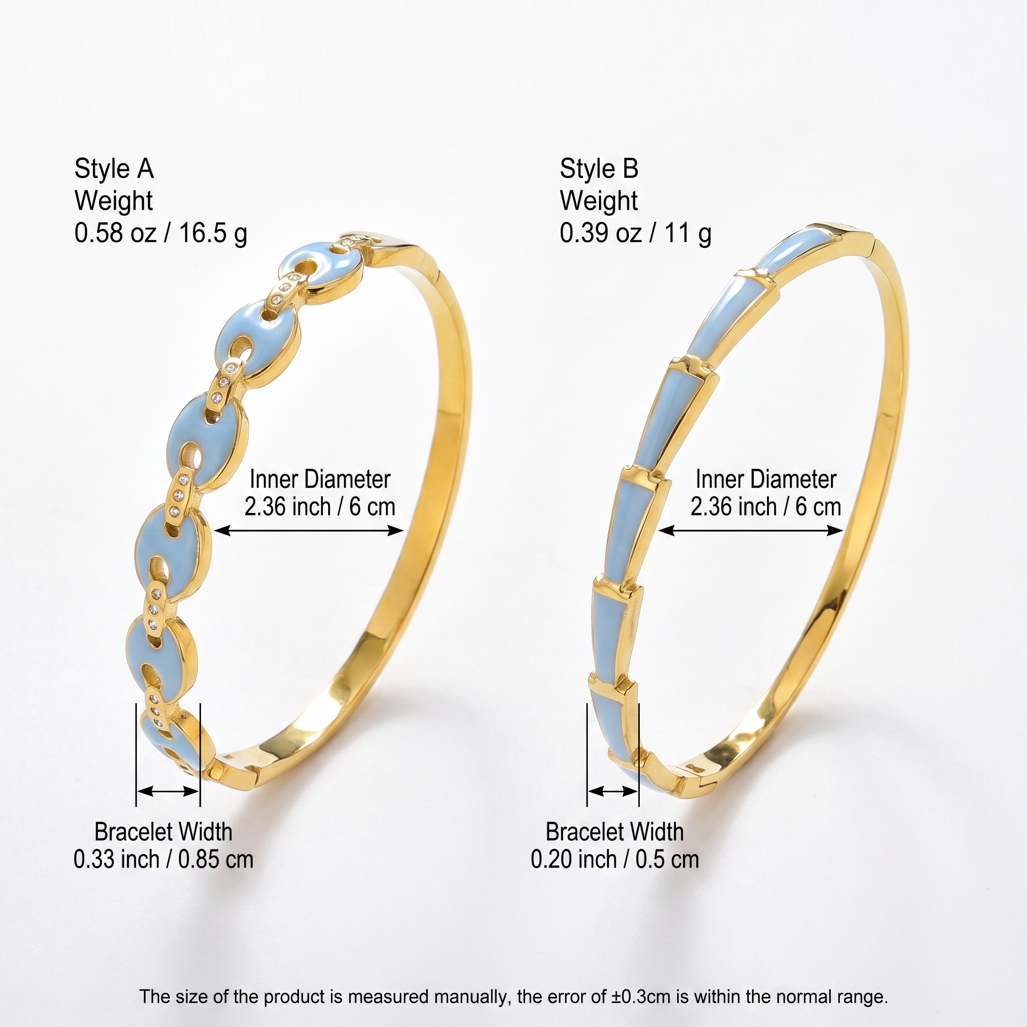 18K Gold Plated Sky Blue Enamel Bangle Bracelet, Stylish Gift
