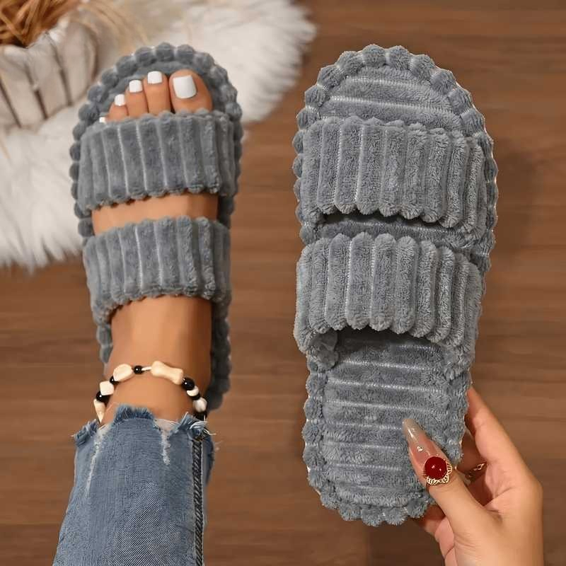 Women's Plush Striped Slippers, Soft Warm Indoor Shoes, Soft Fabric Casual Shoes, Women Shoes