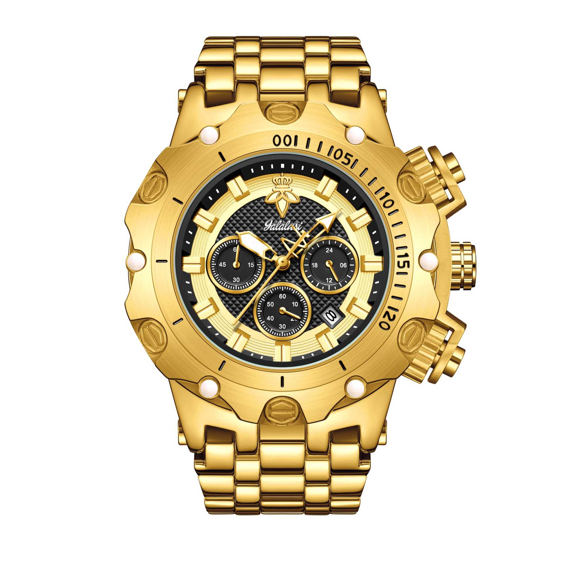 Yalalusi Goldene Multifunctional Men's Quartz Watch, Black Golden Three-eye Chronograph Wristwatch With Date Display And Band, Sport Fashion Watch For Daily Wear, Business Casual Outfits And Gifts