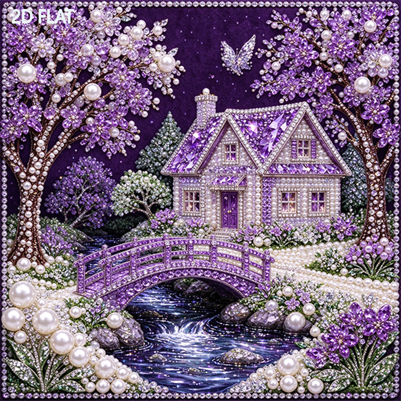 TEMU 2d Flat Printing 5d Pearl Diamond Painting Kit Purple Cottage Landscape Flower Tree Set Full Diy Dot Drill Tools With High Definition Printed