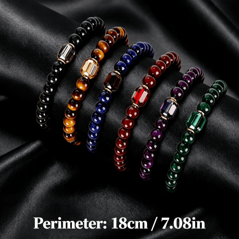 TEMU Bracelet extensible unisexe en perles de naturelle, perles rondes multicolores avec breloque carrée dorée, bracelet de poignet élastique, bijou