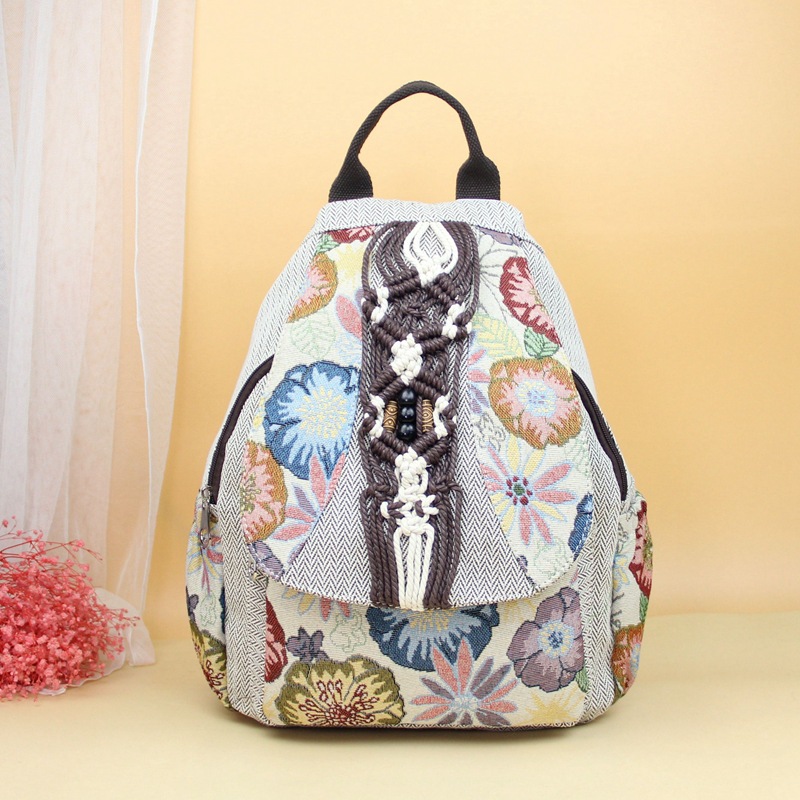 Printed And Backpack Double-layer Zipper Lightweight Artistic Backpack Hand-woven Large Capacity School Bag