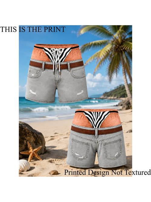 printed design not textured mens funny printed beach shorts mens fun visual illusion beach shorts imitation denim pants zebra print underwear optical illusion print fun drawstring beach shorts swimming pool