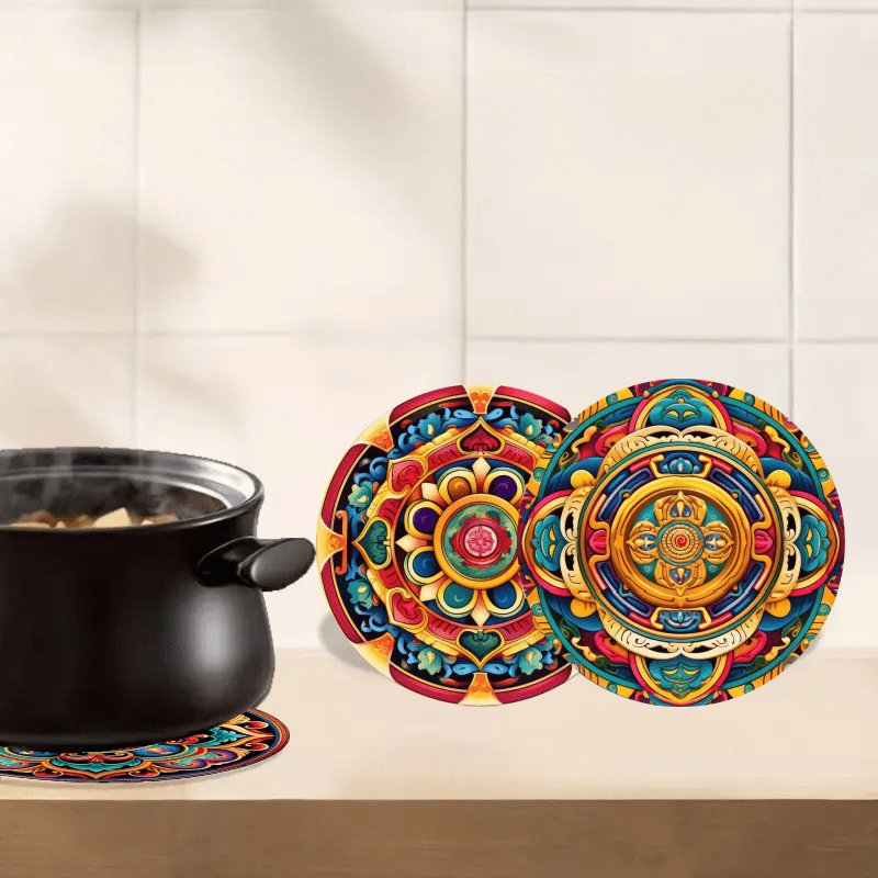 TEMU A Set Of 4 Round Bohemian-style Mandala Wooden Placemats - Durable, Heat-resistant, Non-slip, And Easy To Clean - Suitable For Kitchens, Dining