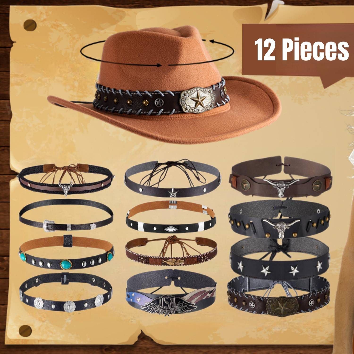 12pcs ethnic style faux leather hat bands for cowboy hat 