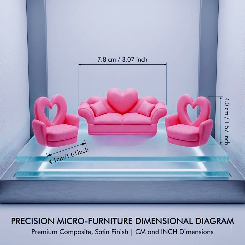 3pcs Dollhouse Set: Heart-Back Double Sofa & Two Chairs