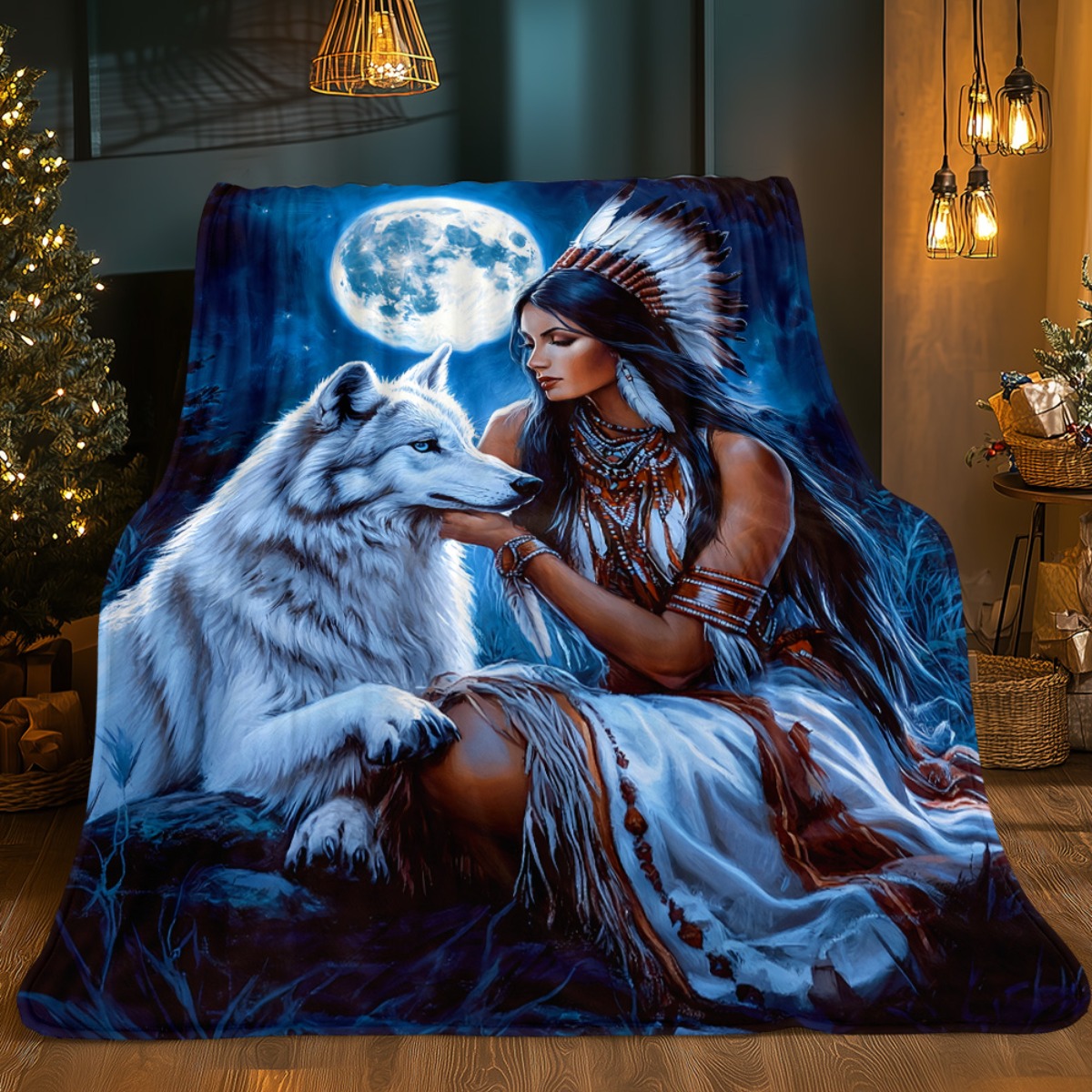 TEMU 1pc Couverture Thème Dame et Loup - Léger pour Canapé, Extérieur, Camping, Salon, Bureau, Chaise et Lit - Impression Numérique Douce et Chaude,