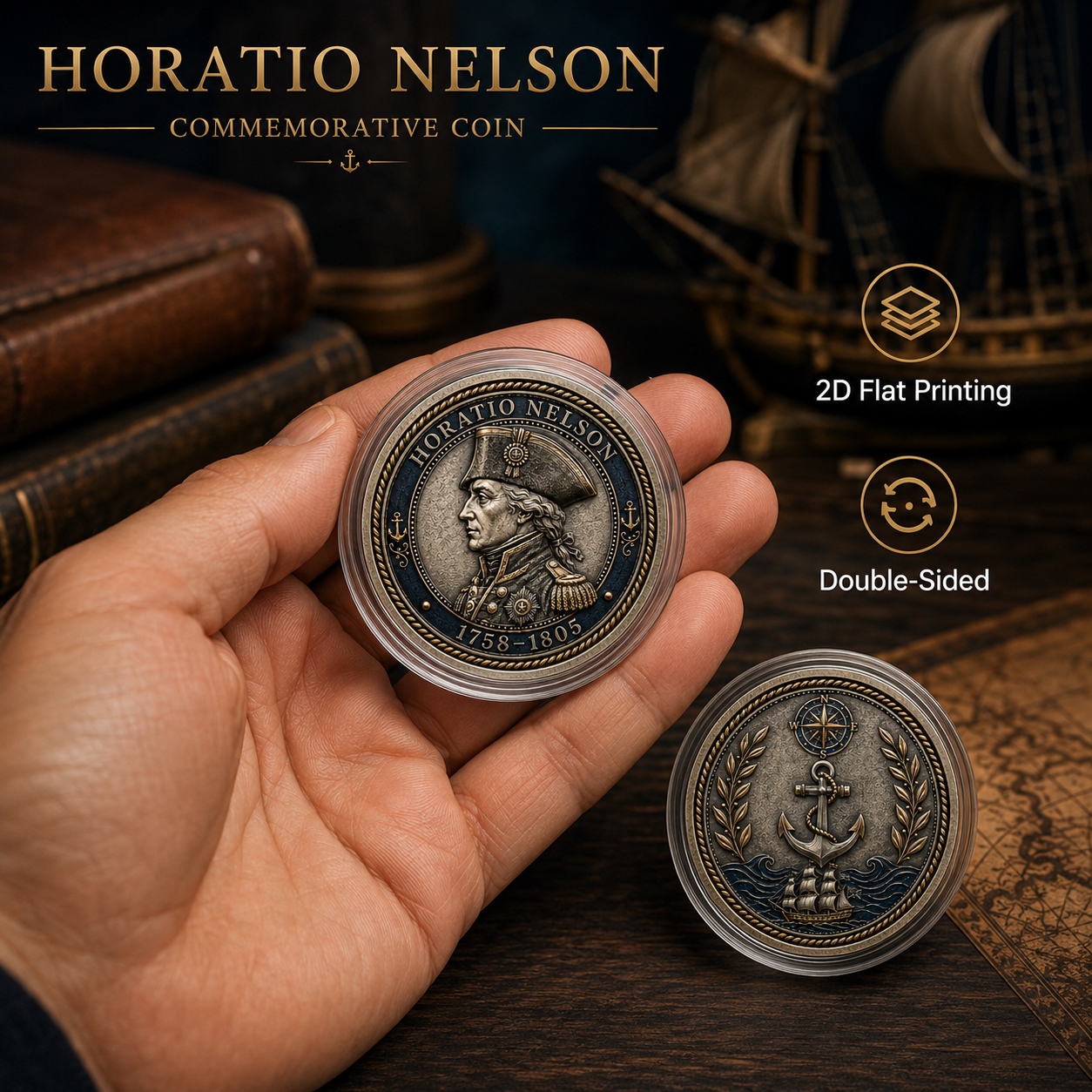TEMU 1pc, 2d Flat Printing, Double-sided Metal British Naval Commander Commemorative Coin, Anchor & Ship Historical Challenge Coin & Decorative