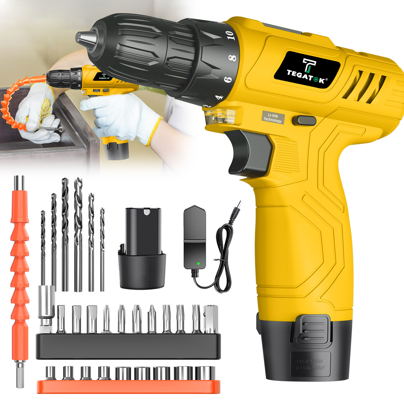 TEMU 12v Cordless Drill Set, With Lithium Battery And Fast Charger, Torque-setting Electric Screwdriver Drill Bit, Electric Drill Set, 2-speed