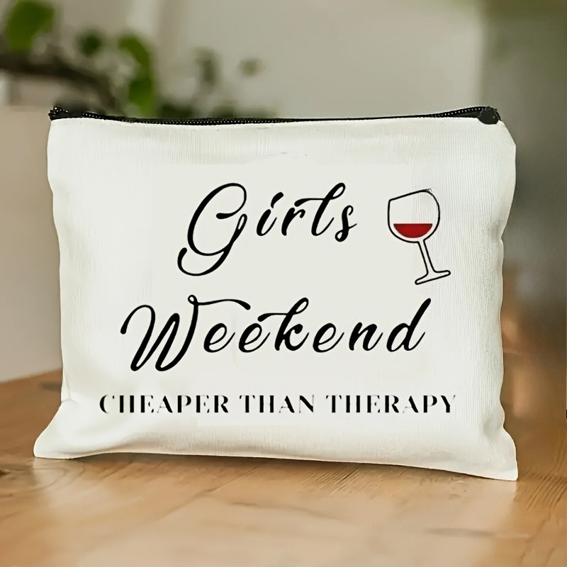 TEMU 1pc Simple 's Weekend Wine Pattern Makeup Bag With Wrist Strap, Printed Design - Non-textured Makeup Pouch, Double-sided, Zippered Storage Bag,
