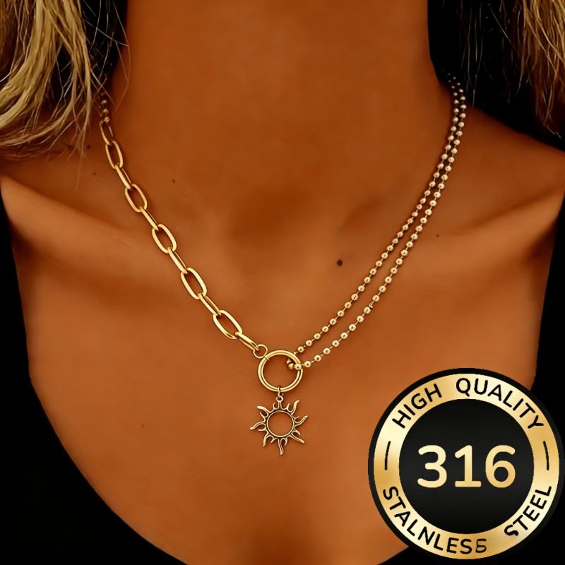 Hip Hop Hollow Sun Pendant Necklace, Bohemian Minimalist Kc Golden Plated Stainless Steel Necklace, Casual Senior Clavicle Chain, Perfect For Holiday Gifts & Music Festivals