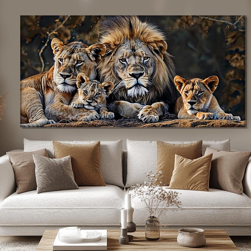 2D Plat, Romantische Leeuwenfamilie Canvas Print met Houten Frame