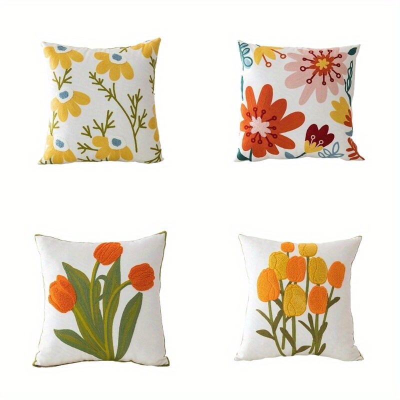 4 pack floral embroidered throw pillow covers double sided printed polyester pillowcases with zipper closure 4 unique vibrant floral patterns machine washable for living room bedroom sofa decor embroidered pillow covers home decor contemporary style durable fabric accent pillows stylish   Product details 0