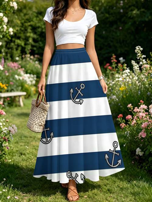 womens simple and stylish half skirt with gray pattern on a blue and white striped background high waisted figure flattering versatile flared maxi skirt